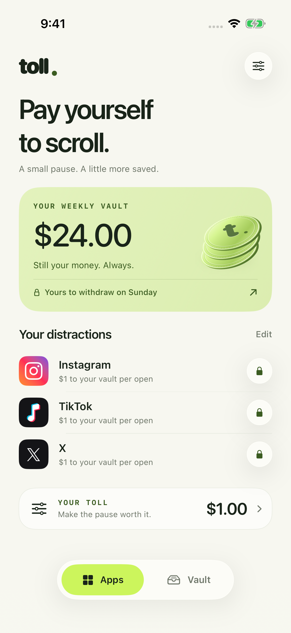 TOLL home: your weekly vault, protected apps, and your selected toll
