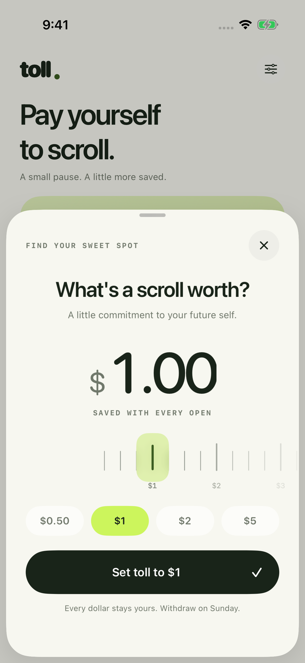 TOLL amount picker with a draggable money ruler