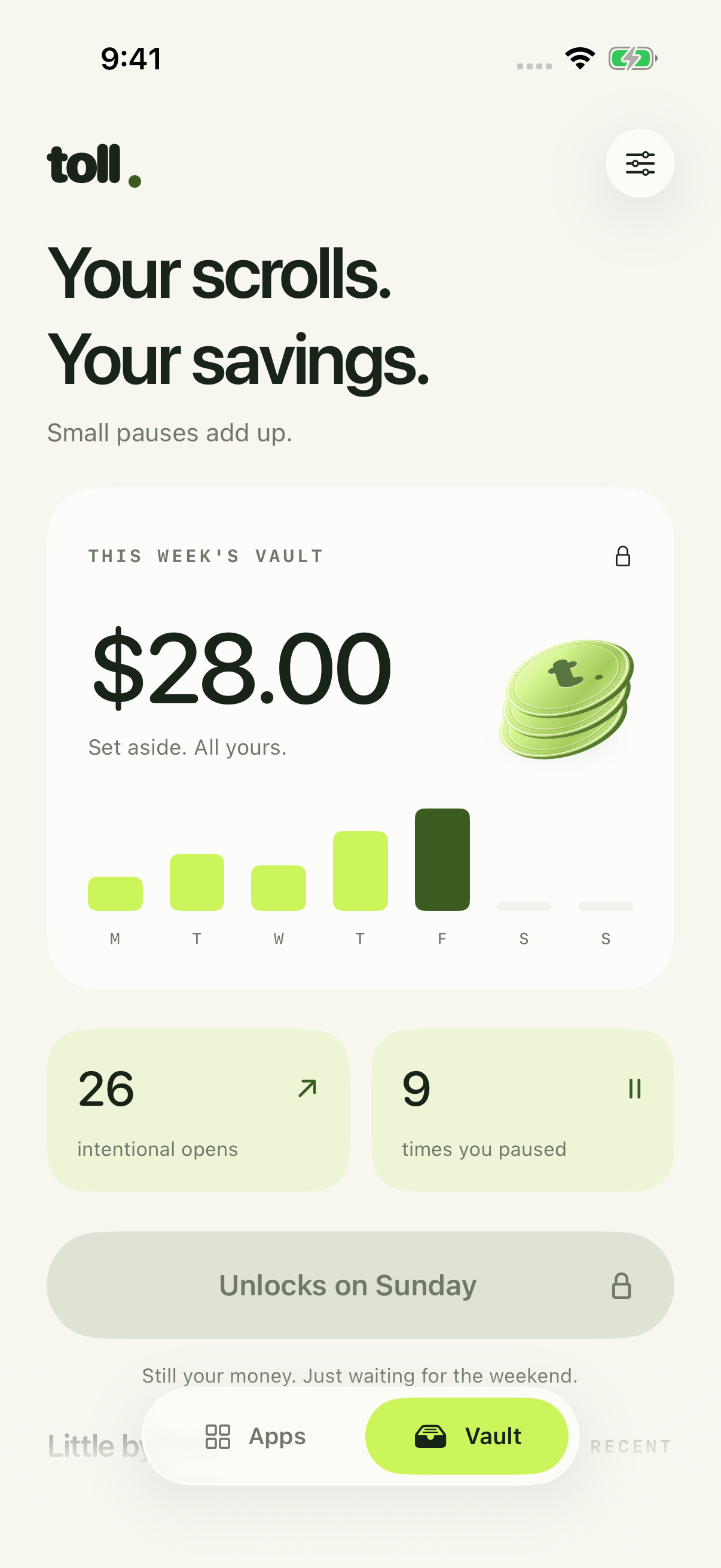 TOLL weekly vault showing savings, intentional opens, and moments paused
